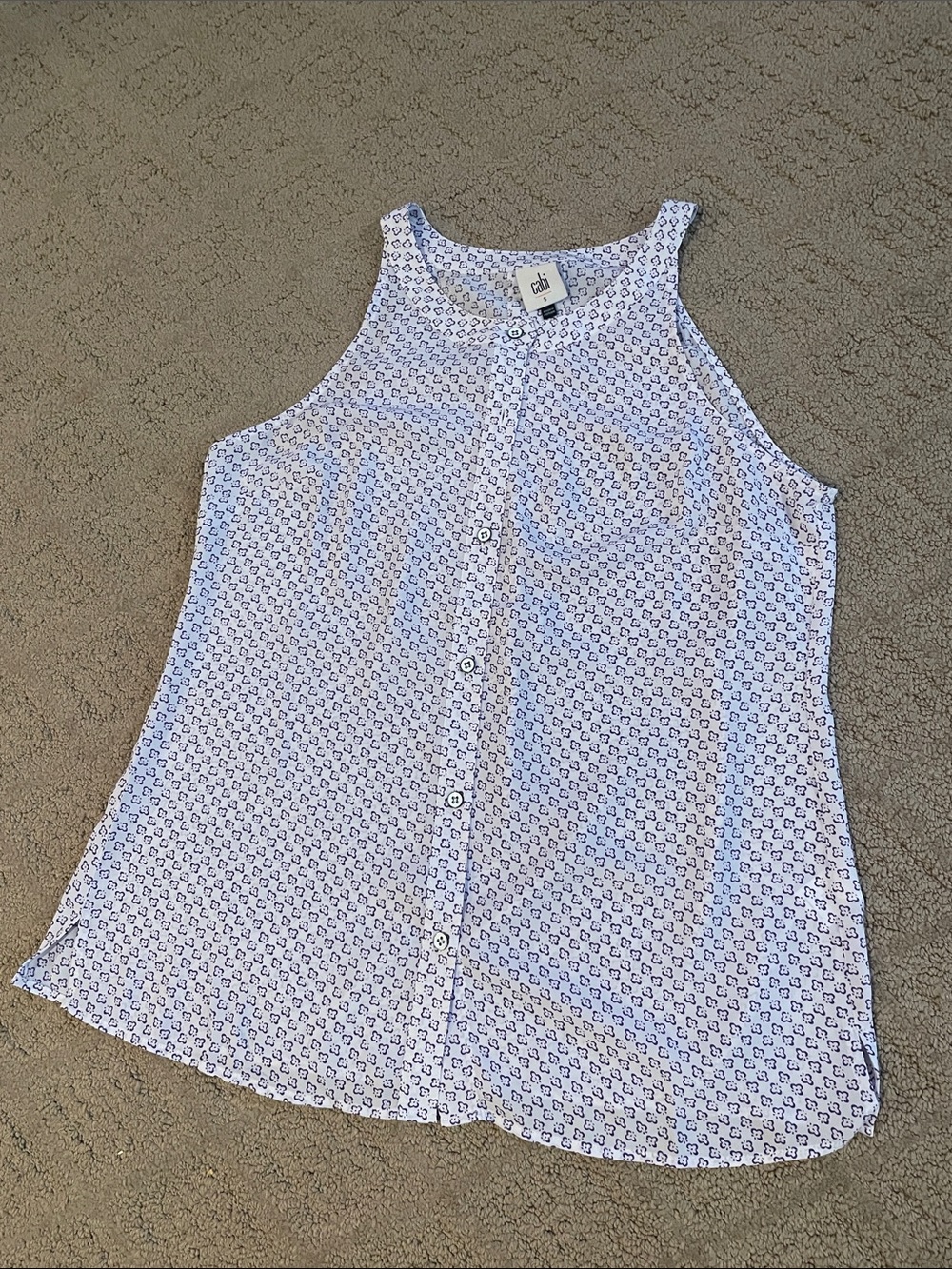 CAbi White Tank with Purple Micro Print Button Front